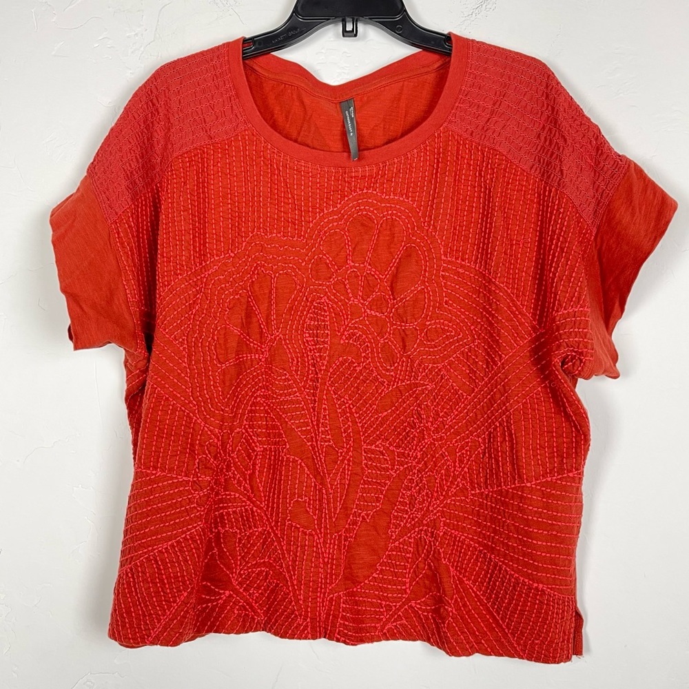 Anthropologie Shirt Floral Embroidered Knit Tee Top Short Sleeve Orange Thin